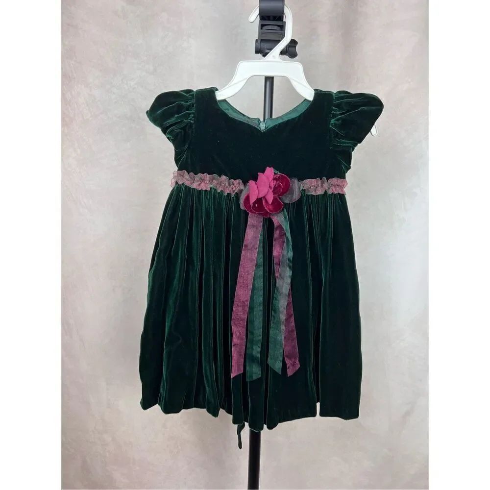 Vintage 90s Green Velvet Girls Christmas Dress Size 12M